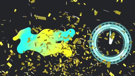Animation-of-confetti-falling-over-clock-and-blob-on-black-background