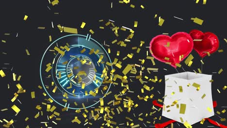 Animation-of-confetti-with-scope-and-heart-balloons-with-present-on-black-background