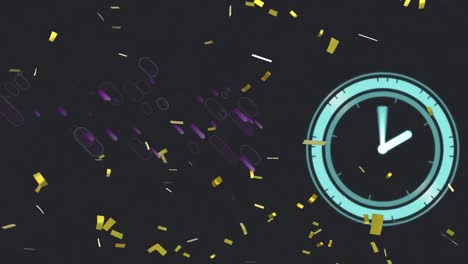 Animation-of-confetti-falling-over-clock-on-black-background