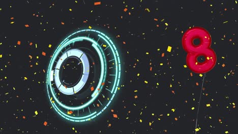 Animation-Von-Konfetti,-Die-über-8-Rote-Ballons-Und-Zielfernrohre-Auf-Schwarzem-Hintergrund-Fallen