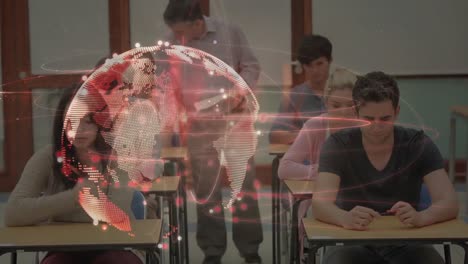 Animation-of-glowing-globe-with-network-of-connections-over-teacher-and-students-in-classroom