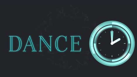 Animation-of-dance-text-and-clock-on-black-background