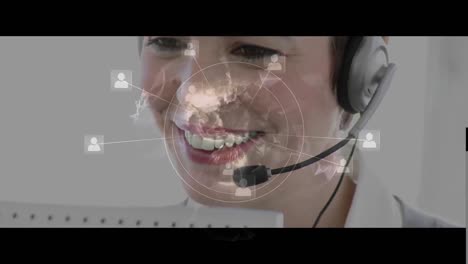 Animation-of-business-people-using-computers-and-phone-headsets-and-network-of-connections