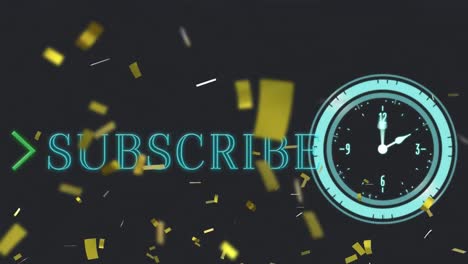 Animation-of-confetti-with-subscribe-text-and-clock-on-black-background