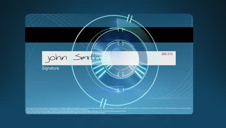 Animation-of-circulars-safe-lock-turning-over-back-of-blue-credit-card,-on-dark-blue-background