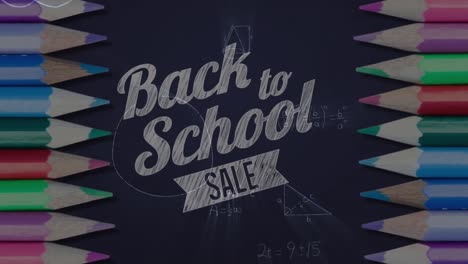 Animation-of-mathematical-equations-and-back-to-school-sale-text-over-colour-pencils-and-blackboard
