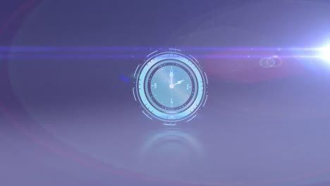 Animation-of-clock-with-fast-moving-hands-and-spotlight-with-lens-flare-over-blurred-background