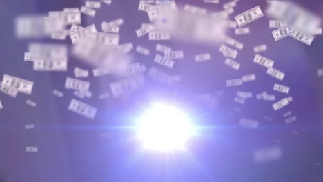 Animation-of-dollar-bills-rising,-with-moving-spotlight,-on-dark-blue-background