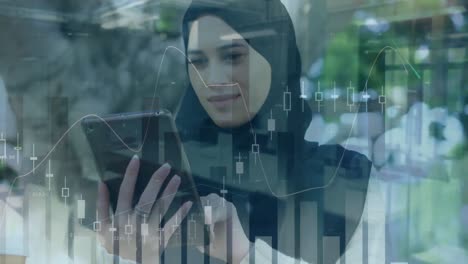 Animation-of-statistics-and-data-processing-over-woman-in-hijab-using-using-tablet