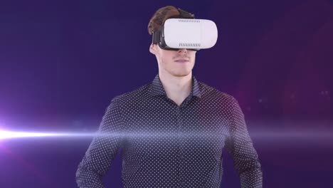 Animation-of-man-in-vr-headset-using-virtual-interface,-with-moving-light,-on-purple