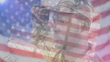 Animation-Eines-Soldaten,-Der-über-Die-Amerikanische-Flagge-Salutiert