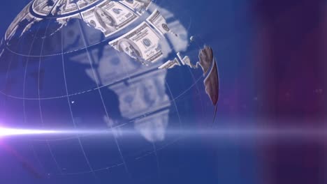 Animation-of-rotating-globe-of-dollar-bills-and-moving-light-over-dark-blue-and-purple-background