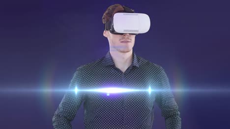 Animation-of-man-in-vr-headset-using-virtual-interface,-with-moving-light,-on-purple