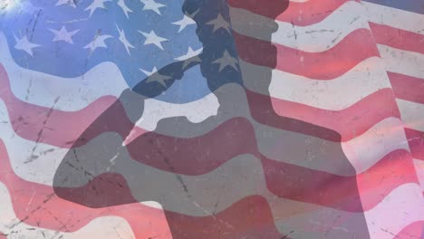 Animation-Eines-Soldaten,-Der-über-Die-Amerikanische-Flagge-Salutiert