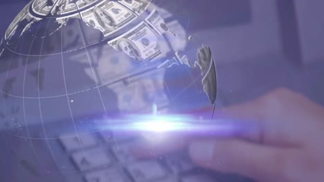 Animation-of-moving-light-and-rotating-globe-of-dollar-bills,-over-handoncomputerkeyboard