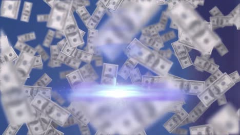 Animation-of-dollar-bills-rising,-with-moving-beam-of-light-on-dark-blue-background
