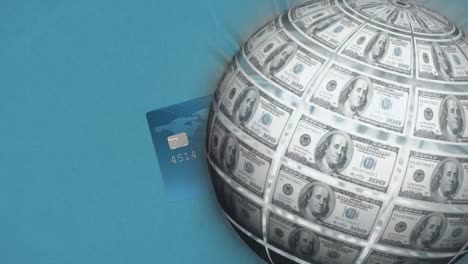 Animation-of-globe-formed-with-american-dollar-banknotes-over-credit-card