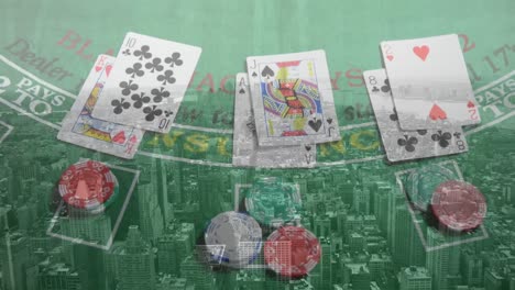 Animation-Von-Casino-Spielkarten-Und-Chips-über-Dem-Stadtbild