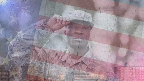 Animation-Männlicher-Soldaten,-Die-über-Der-Amerikanischen-Flagge-Salutieren