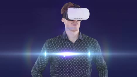 Animation-of-man-in-vr-headset-using-virtual-interface,-with-moving-beam-of-light,-on-purple