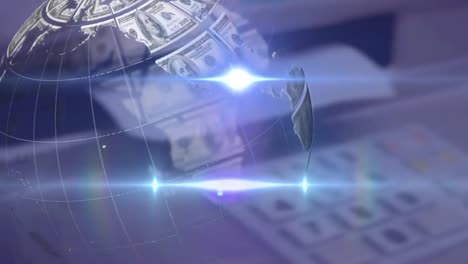 Animation-of-rotating-globe-of-dollar-bills-and-moving-lights-over-numeric-keyboard