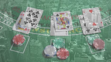 Animation-Von-Casino-Spielkarten-Und-Chips-über-Dem-Stadtbild