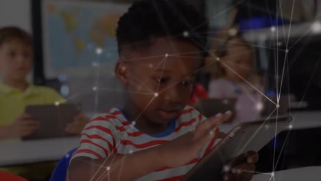 Animation-of-network-of-connections-moving-over-schoolboy-using-smartphone-in-classroom