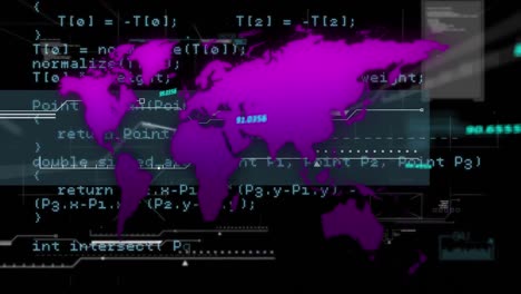 Animation-of-purple-world-map-and-data-processing,-on-black