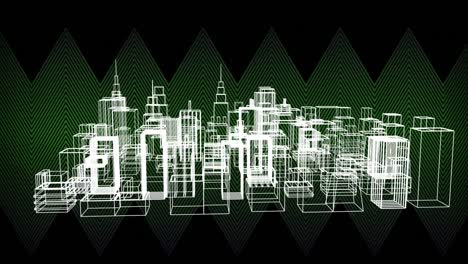 Animation-of-3d-plan-of-city-buildings-rotating,-over-thin-green-parallel-zigzag-lines-on-black