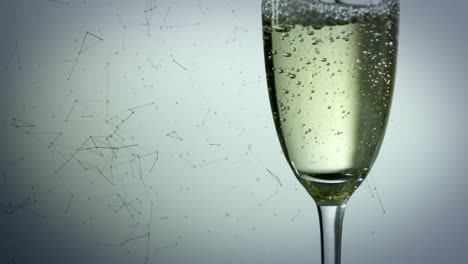 Animation-of-network-of-connections-and-bubbles-rising-in-glass-of-champagne,-on-grey-background