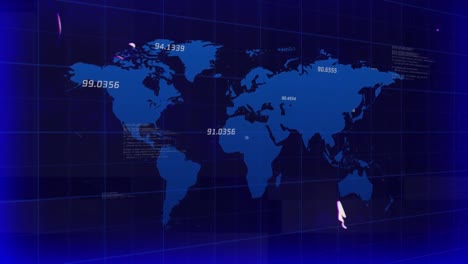 Animation-Von-Zahlen,-Die-Sich-über-Dem-Blauen-Weltkartenhintergrund-ändern