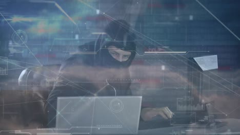 Animation-of-data-and-information-processing-and-nervous-masked-hacker-using-laptop-and-computer