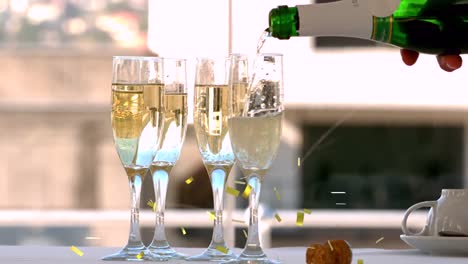 Animation-of-confetti-falling-and-champagne-being-poured-into-glasses