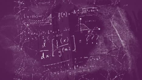 Animation-of-mathematical-equations-moving-on-purple-background