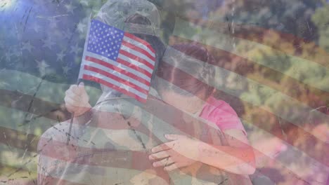 Animation-of-soldier-with-daughter-over-american-flag
