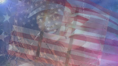 Animation-of-female-soldier-with-son-over-american-flag