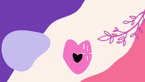 Animation-Rosafarbener-Lippen,-Die-Sich-über-Das-Gesicht-Bewegen,-Mit-Baumzweigen-Und-Organischen-Formen-In-Lila,-Flieder-Und-Rosa