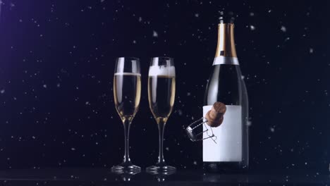 Animation-of-confetti-and-champagne-cork-falling,-with-bottle-and-two-glasses-of-champagne,-on-black