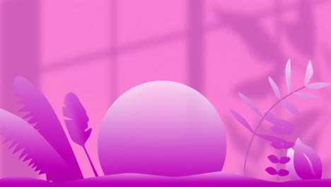 Animation-of-sphere-and-plant-leaves-in-pink,-against-pink-wall-with-window-and-leaf-shadows