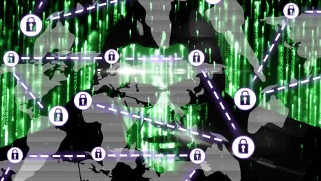 Animation-Eines-Netzwerks-Von-Verbindungen-Mit-Vorhängeschloss-Sicherheitssymbolen-über-Hacker