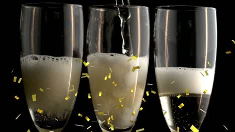 Animation-of-confetti-falling-and-champagne-pouring-into-three-glasses-on-black-background