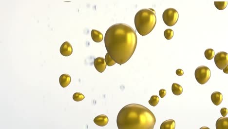 Animation-of-gold-balloons-rising,-with-uncut-diamonds-falling-on-white-background