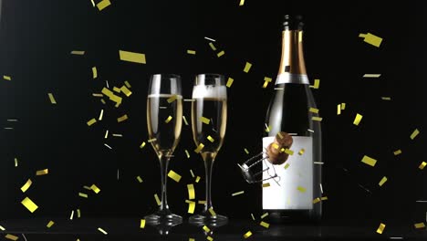 Animation-of-gold-confetti-and-champagne-cork-falling,-with-champagne-bottle-and-glasses,-on-black