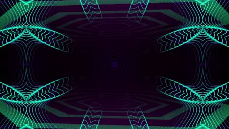 Animation-of-kaleidoscopic-star-pattern-of-thin-blue-and-green-lines-moving-on-black