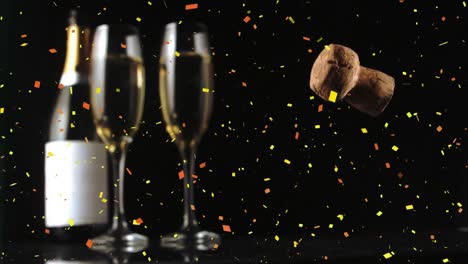 Animation-of-confetti-falling-and-champagne-glasses-with-cork-falling
