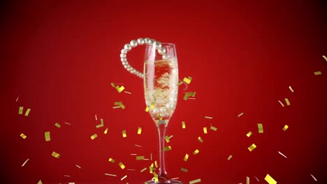 Animation-of-confetti-falling-and-pearl-necklace-falling-into-champagne-glass