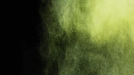 Animation-of-thrown-yellow-and-green-coloured-powder-floating-on-black-background