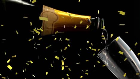 Animation-of-gold-confetti-falling-and-bottle-of-champagne-pouring-into-glass-on-black-background