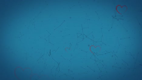 Animation-Von-Herzen-Aus-Grauen-Bändern,-Die-über-Ein-Flackerndes-Netzwerk-Von-Verbindungen-Fallen,-Auf-Blauem-Hintergrund
