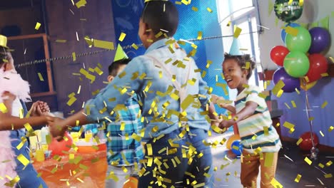 Animation-of-confetti-falling-over-children-dancing-at-party
